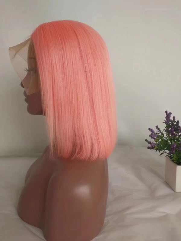 12 Inch Pink colored Human Hair Bob Lace Front Wig YL244